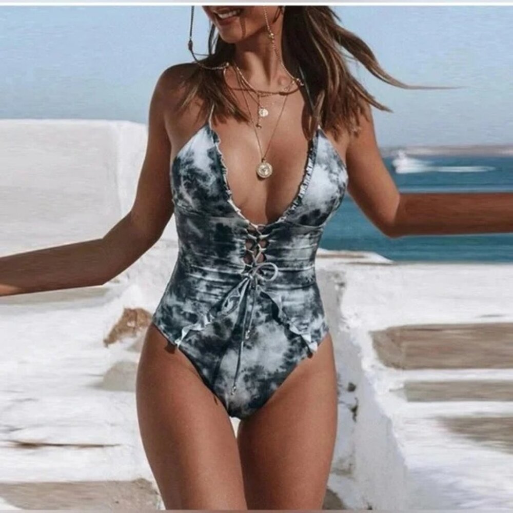 TIE DYE LACE UP FRONT PLUNGING V ONE PIECE SWIMSUIT